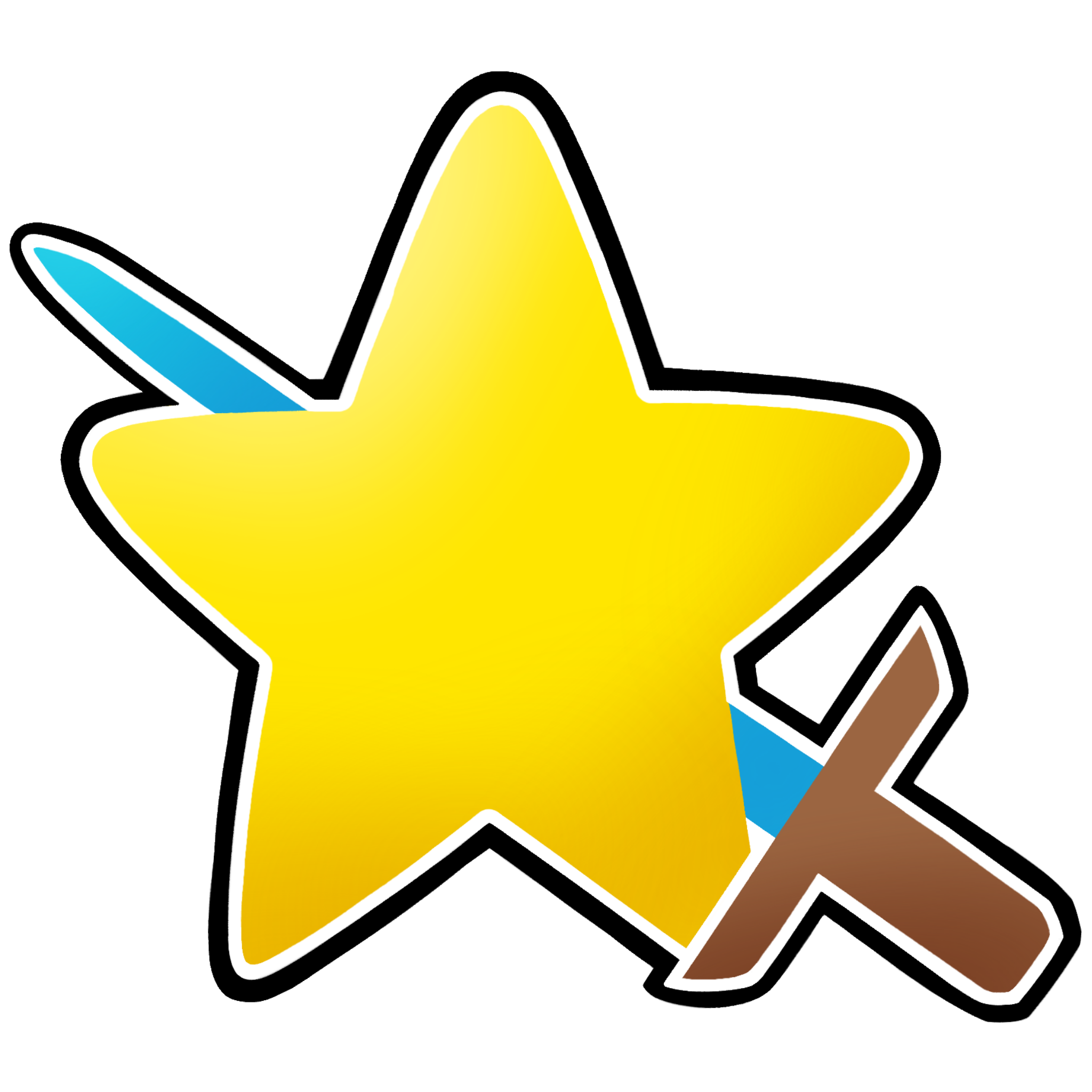 A yellow star with a blue sword with a brown hilt going through it.